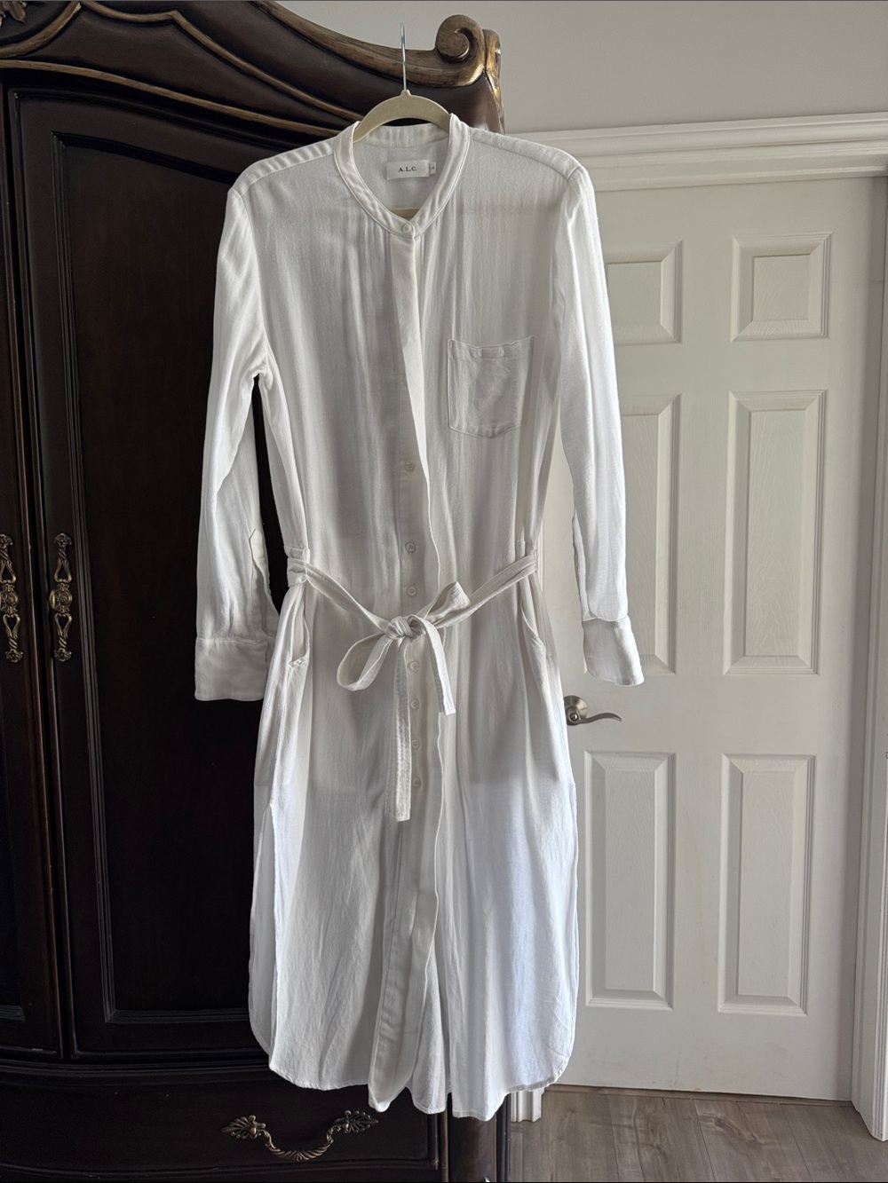 A.L.C. White Button-Front Midi Shirt Dress with Tie Waist size10